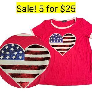 USA Red White and Blue Sequined Heart Tee Shirt Top on Sale 5 for $25